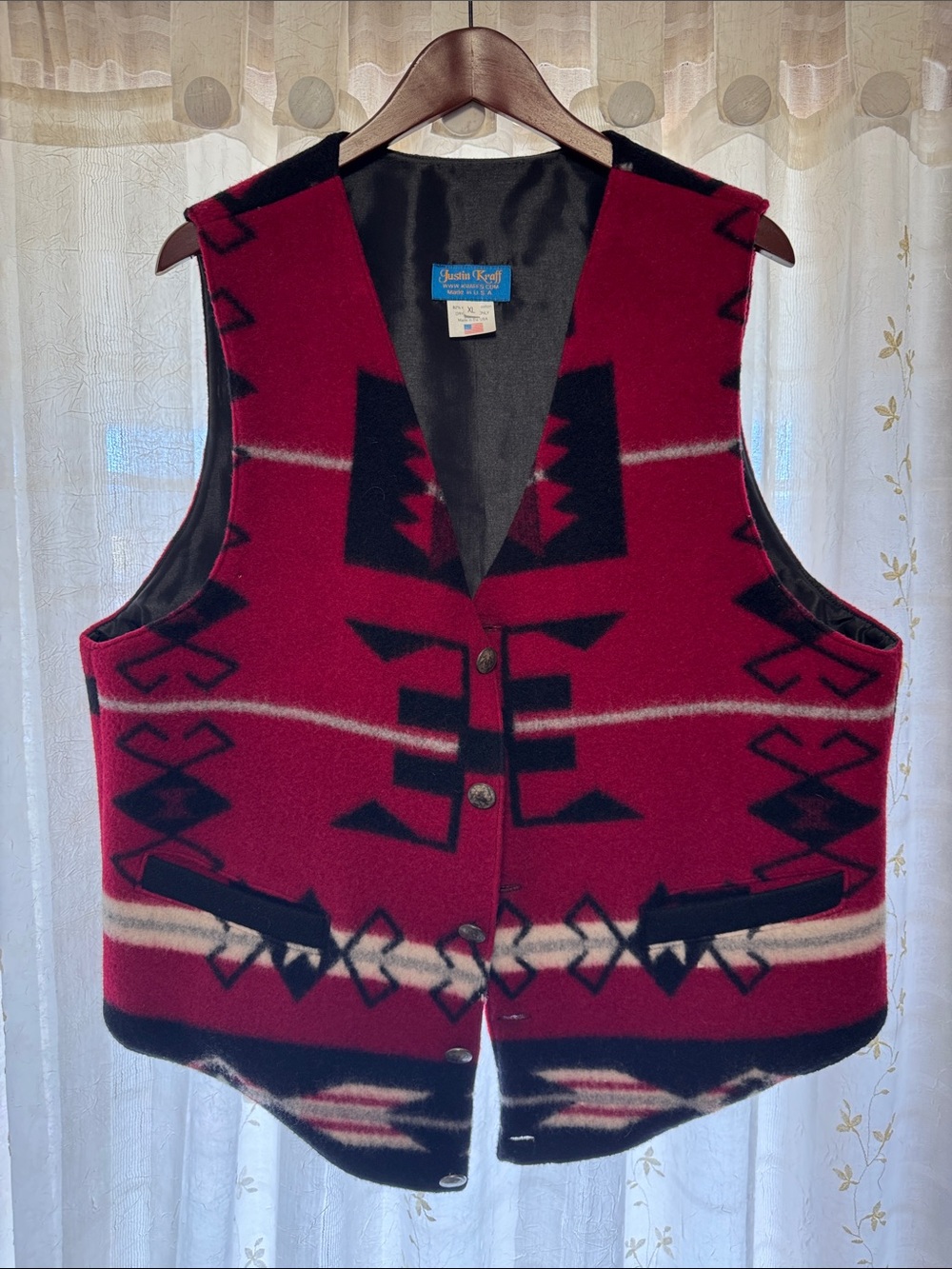 Justin Kraff Southwestern-Inspired Red & Black V-Neck Pendleton Wool Vest